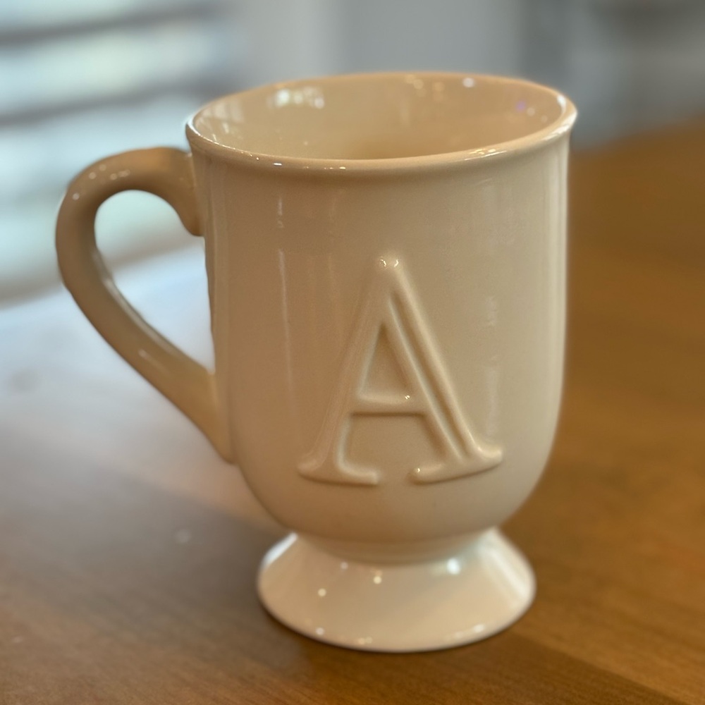 NWT Gibson Home A Monogram Initial Footed  Coffee Tea MUG Cup White Embossed